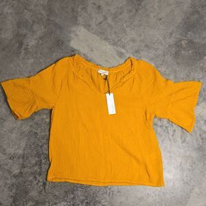 Michael Stars Yellow Crinkle Cotton Ruffle Sleeve V-Neck Blouse Size S